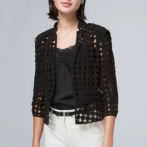WHBM black polka dot lace lattice laser cut out blazer jacket